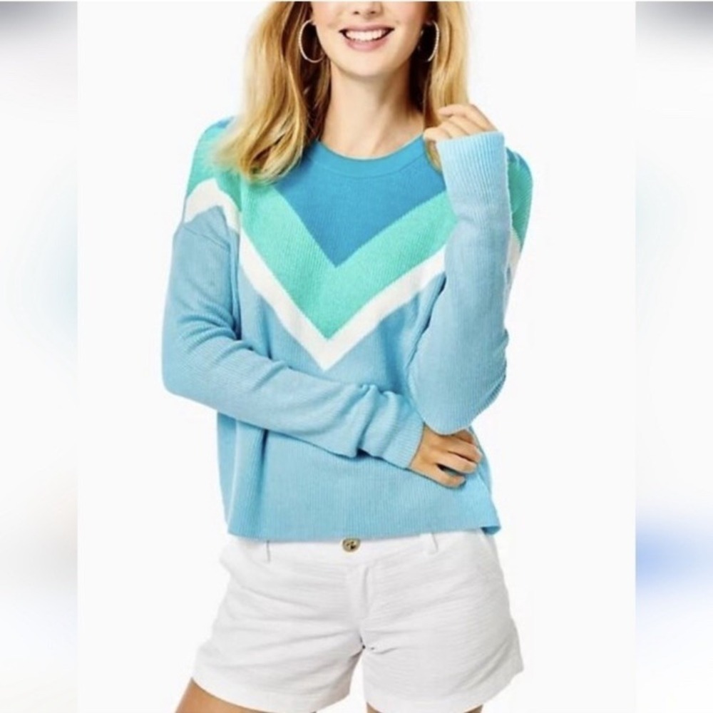Lilly Pulitzer Sweater Women's XL Rivka‎ Ravello Knit Blue Chevron Stripe Casual